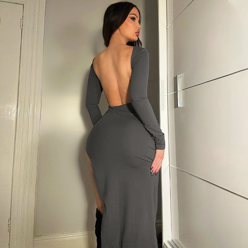 Solid color long-sleeved hip-covering skirt European and American cross-border 2023 winter new women's sexy backless slit dress dropshipping