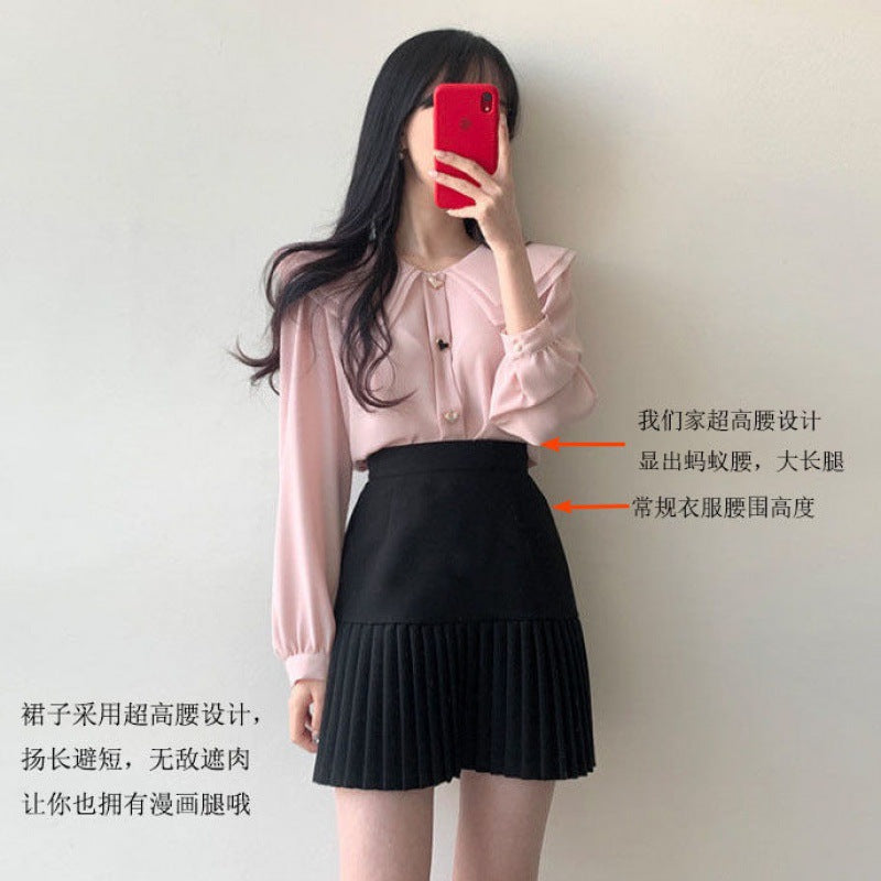 Chiffon shirt suit female spring and autumn temperament two-piece design double-layer doll collar top half-length pleated skirt