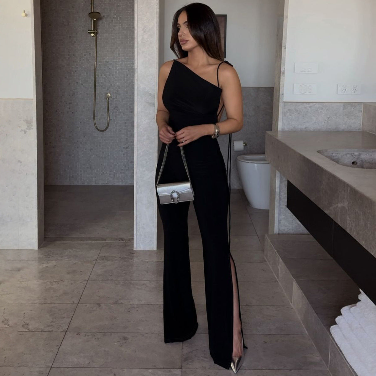 European and American style women's clothing 2024 summer new fashion sexy backless pleated slit slim lace jumpsuit wholesale