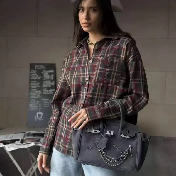 Amazon 2025 Spring and Autumn Cross-border Retro All-match Lapel Loose Shirt #Plaid Long Sleeve Pocket Women's Shirt