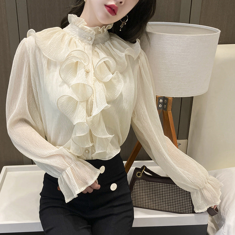 Real shot! 2022 new autumn ruffled long-sleeved chiffon shirt, super comfortable and solid color for commuting and reducing age