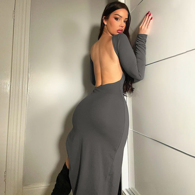 Solid color long-sleeved hip-covering skirt European and American cross-border 2023 winter new women's sexy backless slit dress dropshipping