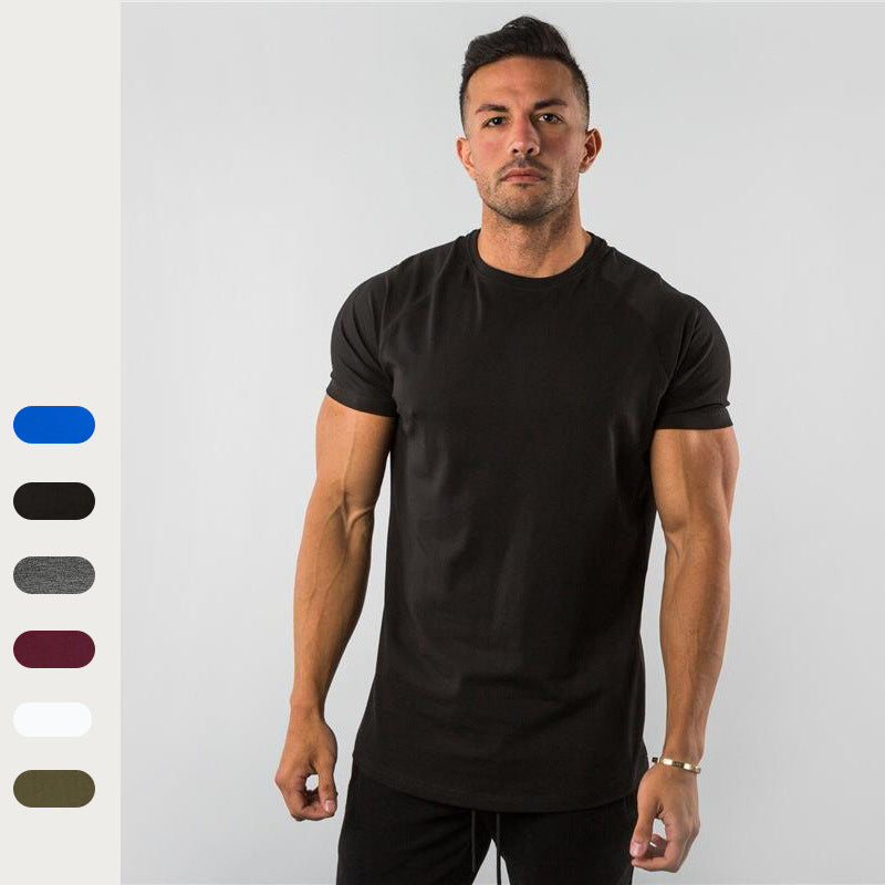 2023 Cross-border European and American Men's Summer Running Fitness Sports Short-sleeved Round Neck T-shirt Solid Color Breathable Casual Tops
