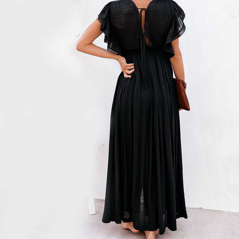 2023 cross-border foreign trade independent station new solid color beach cover-up long skirt sun protection shirt Hawaii seaside vacation