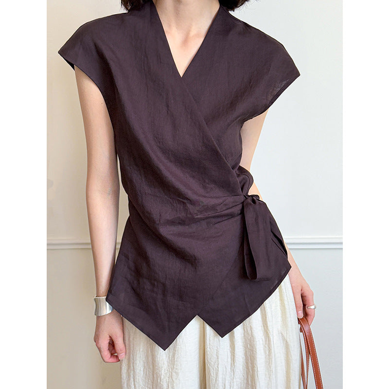 Juzhi Summer New Fashionable Casual Ramie Shirt Women's Irregular Vest Versatile Top 8011-1