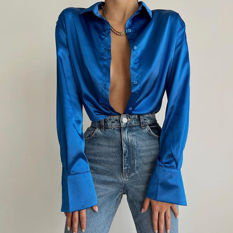 Long-sleeved satin shirt women's spring single-breasted cardigan European and American fashion temperament casual top shirt women's clothing