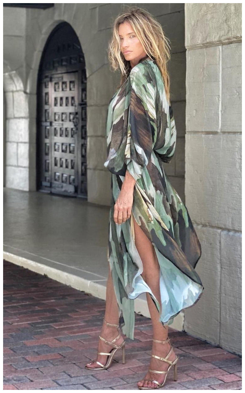 Cross-border foreign trade independent station new 2021 summer printing large size sunscreen beach loose holiday chiffon cardigan women