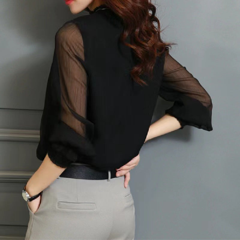 Chiffon shirt women's spring and autumn 2023 new design niche trendy black long-sleeved lace V-neck top women