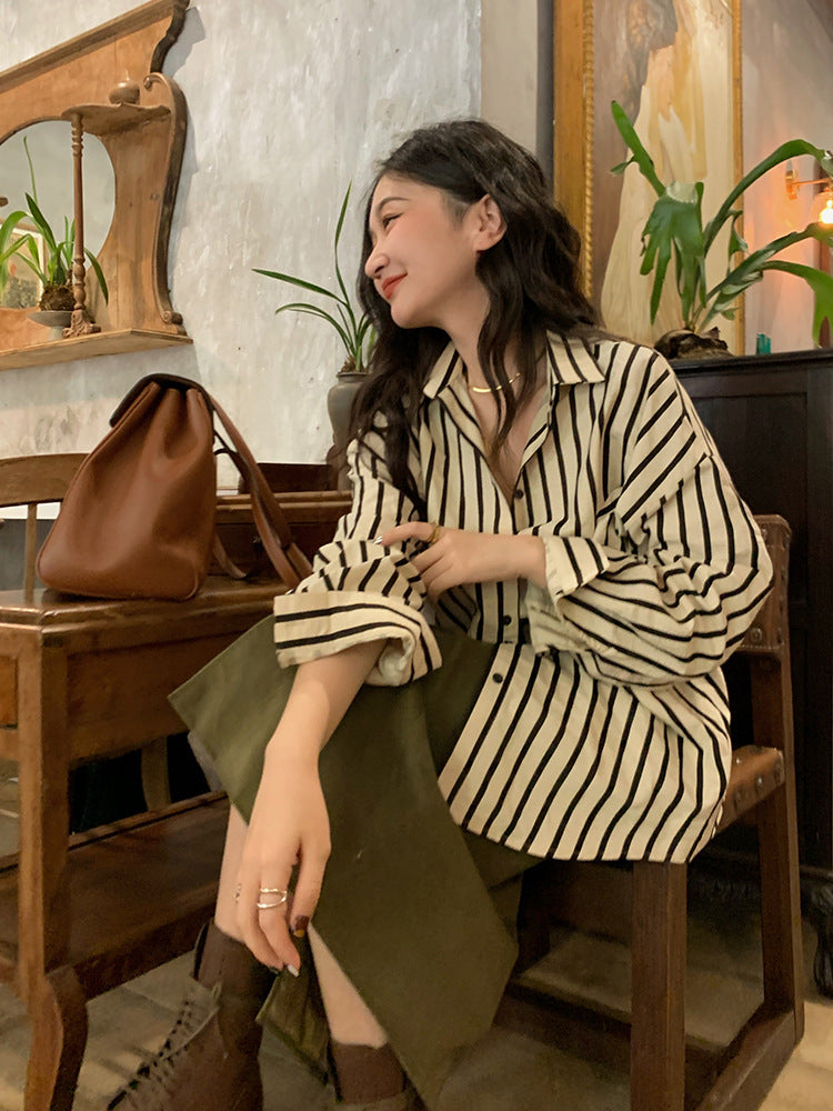 Lazy French style Hong Kong style temperament long-sleeved tops for women, design niche striped shirts, all-match early autumn