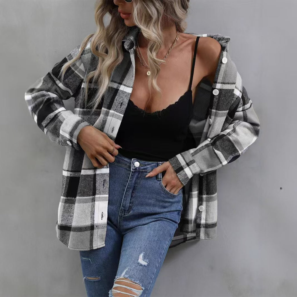 Amazon 2025 Spring and Autumn Cross-border Retro All-match Lapel Loose Shirt #Plaid Long Sleeve Pocket Women's Shirt