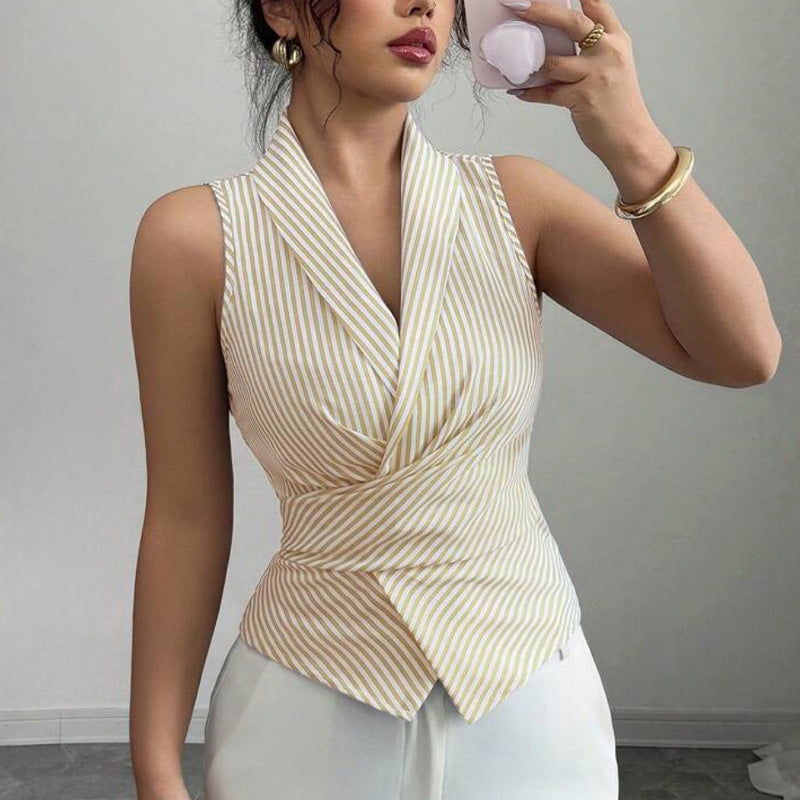 Cross-border European and American striped sleeveless shirt, 2025 summer, tie-waist slimming vest shirt, eBay foreign trade women's clothing