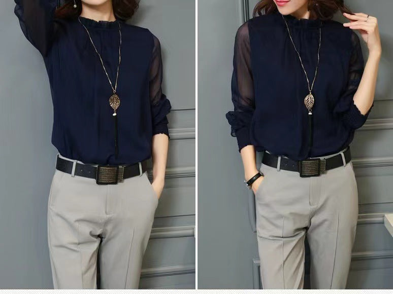 Chiffon shirt women's spring and autumn 2023 new design niche trendy black long-sleeved lace V-neck top women