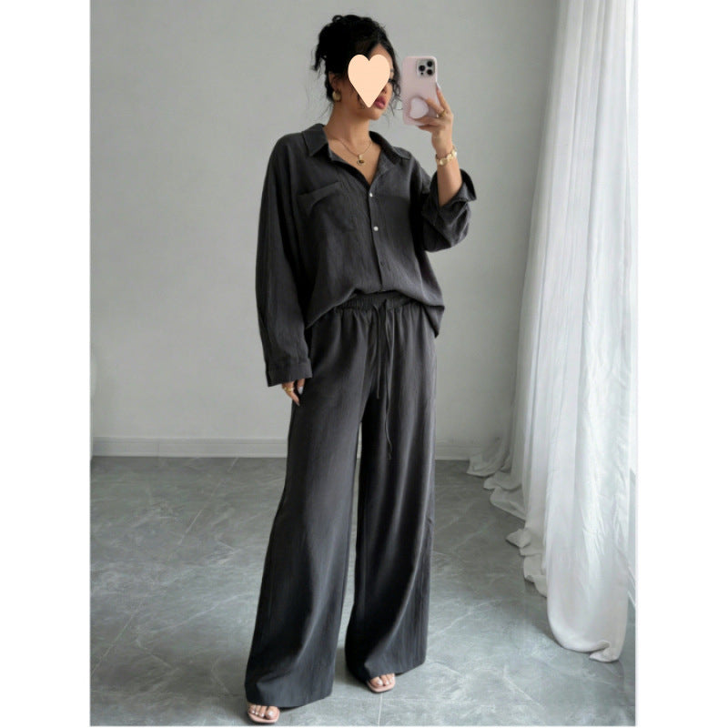 European and American cross-border spring new style elegant fashion women's two-piece set plus size faux linen shirt set high waist loose trousers