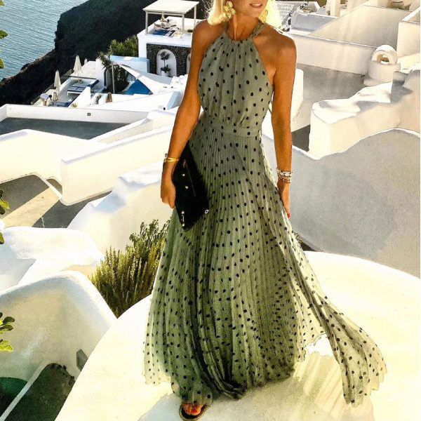 2021 European and American foreign trade new style round neck sleeveless printed pleated dress women's dress long skirt