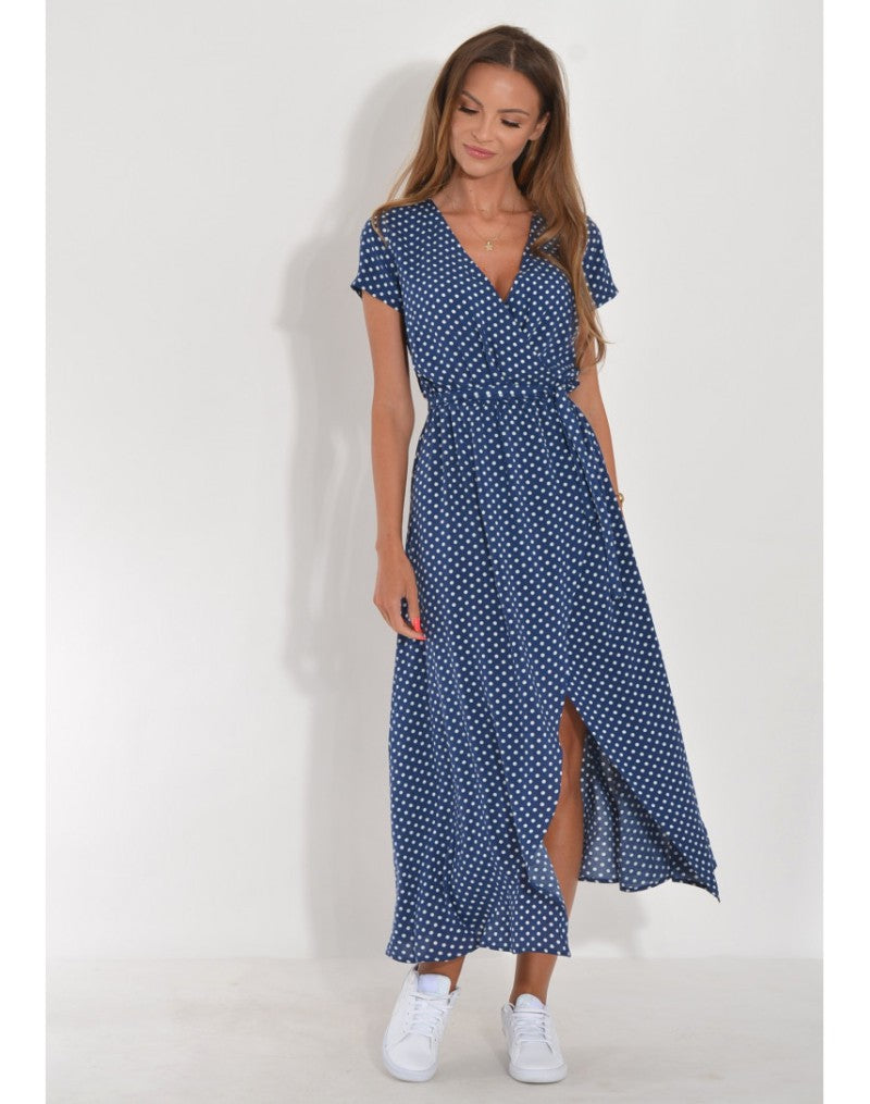 Amazon hot sale new summer European and American printed V-neck short-sleeved lace-up adjustable waist slit long skirt dress
