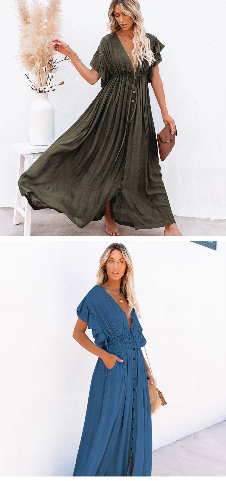 2023 cross-border foreign trade independent station new solid color beach cover-up long skirt sun protection shirt Hawaii seaside vacation