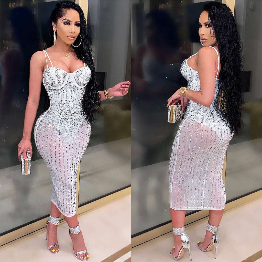 X3805 Cross-border new product European and American fashion women's clothing Party nightclub mesh see-through ironing diamond inlaid diamond strap dress