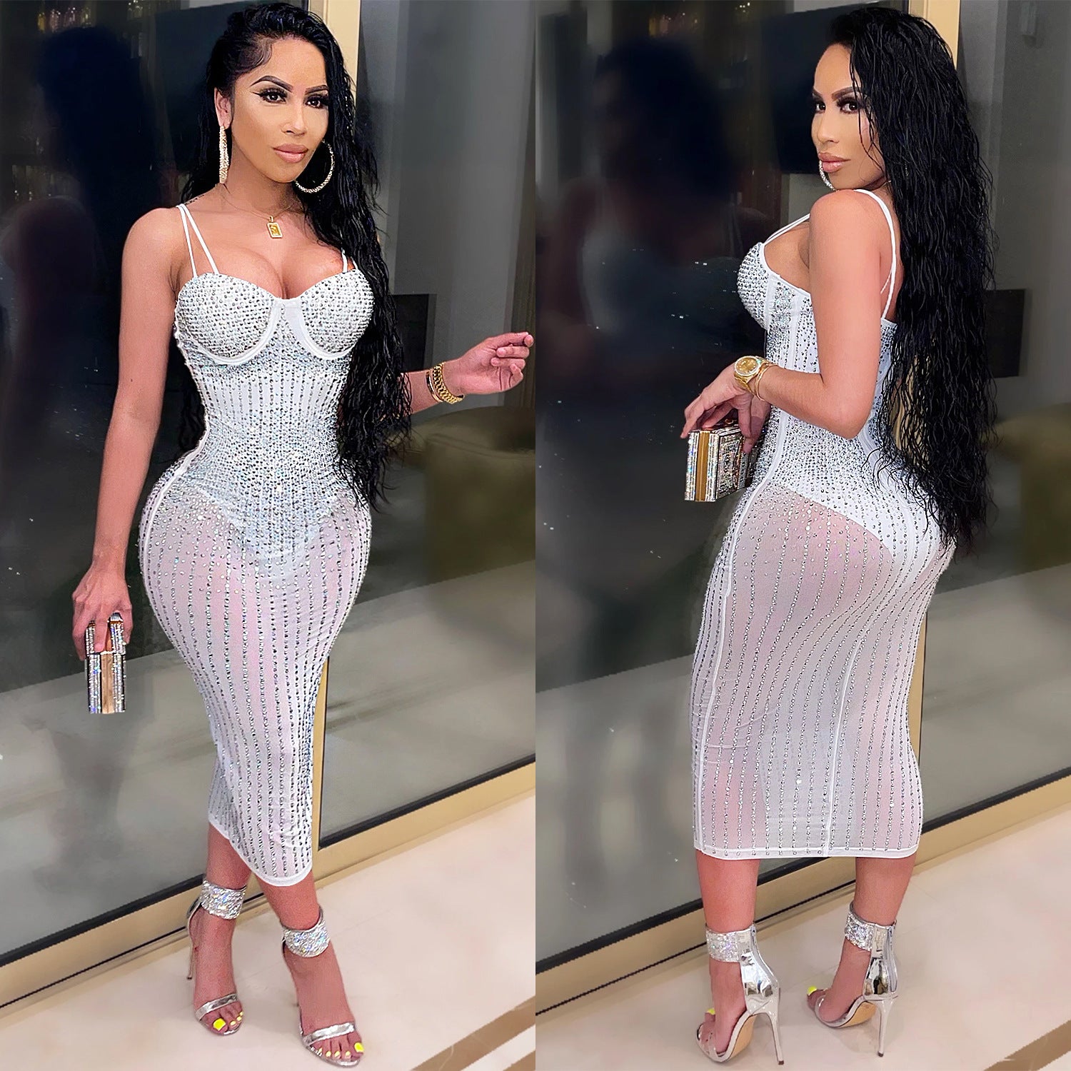X3805 Cross-border new product European and American fashion women's clothing Party nightclub mesh see-through ironing diamond inlaid diamond strap dress