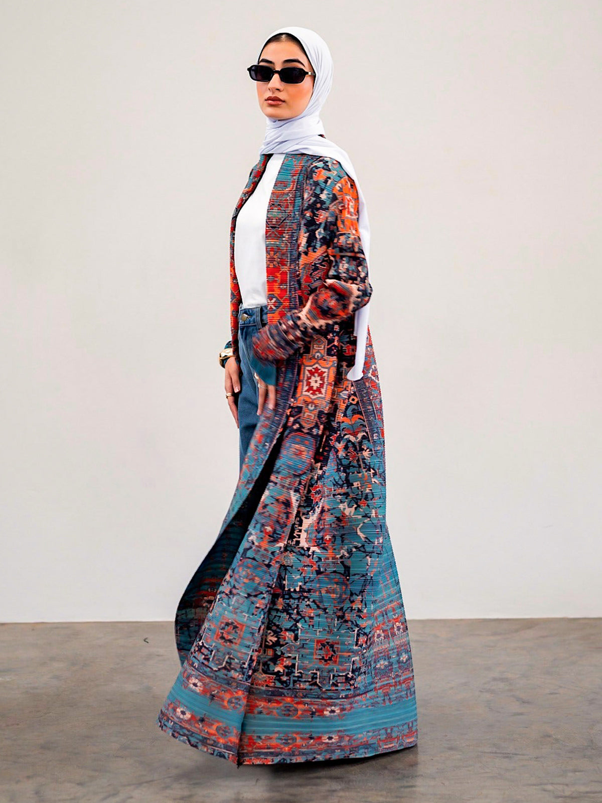 Middle Eastern robes for women Issey Miyake pleated printed cardigan long coat Arab robes large size Abaya