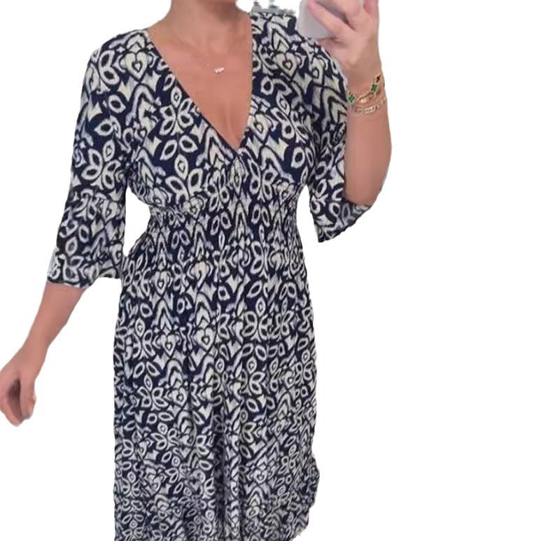2024 Summer New Amazon Super Fairy V-neck Dress Seaside Vacation Beach Dress Printed Loose Long Dress Women