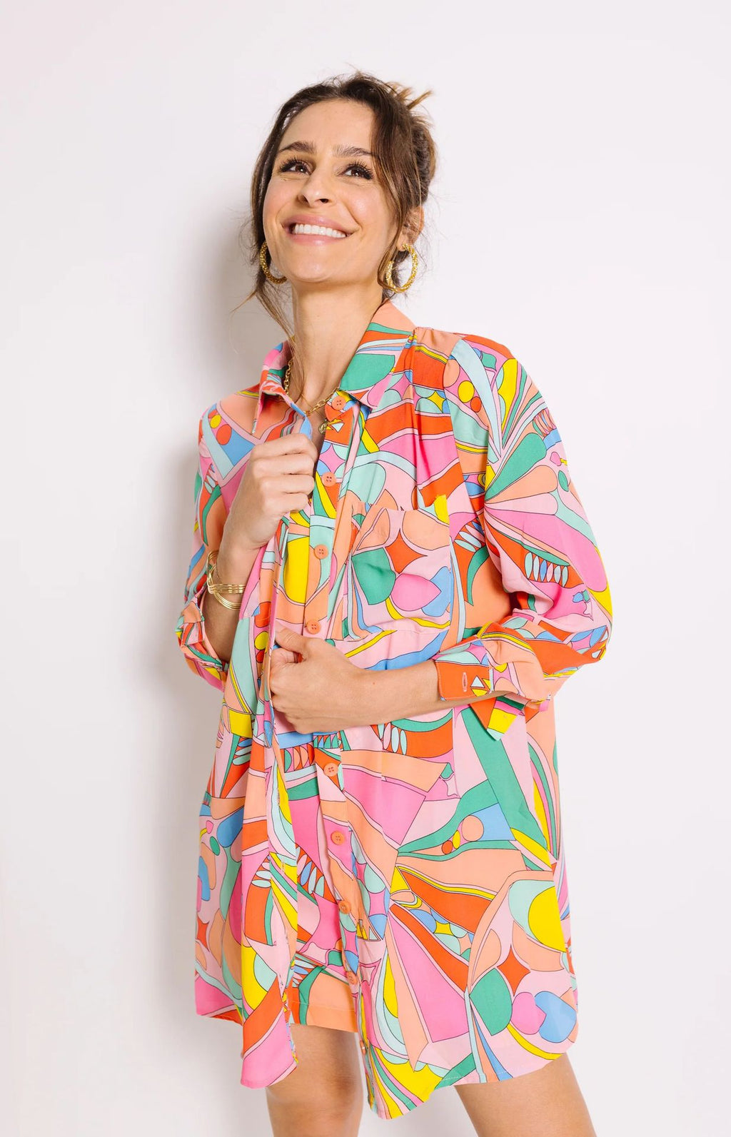 European and American cross-border women's clothing 2023 new shirt mid-length novel bright abstract printing blouse