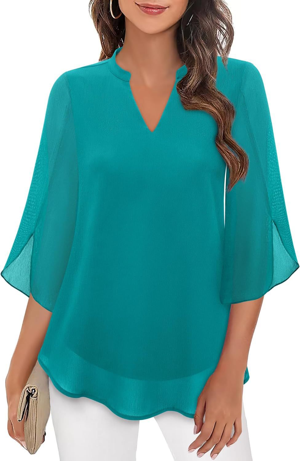 2025 Cross-Border Amazon Casual Summer New European and American Style Women's Petal Sleeve Top Loose V-Neck Chiffon Shirt