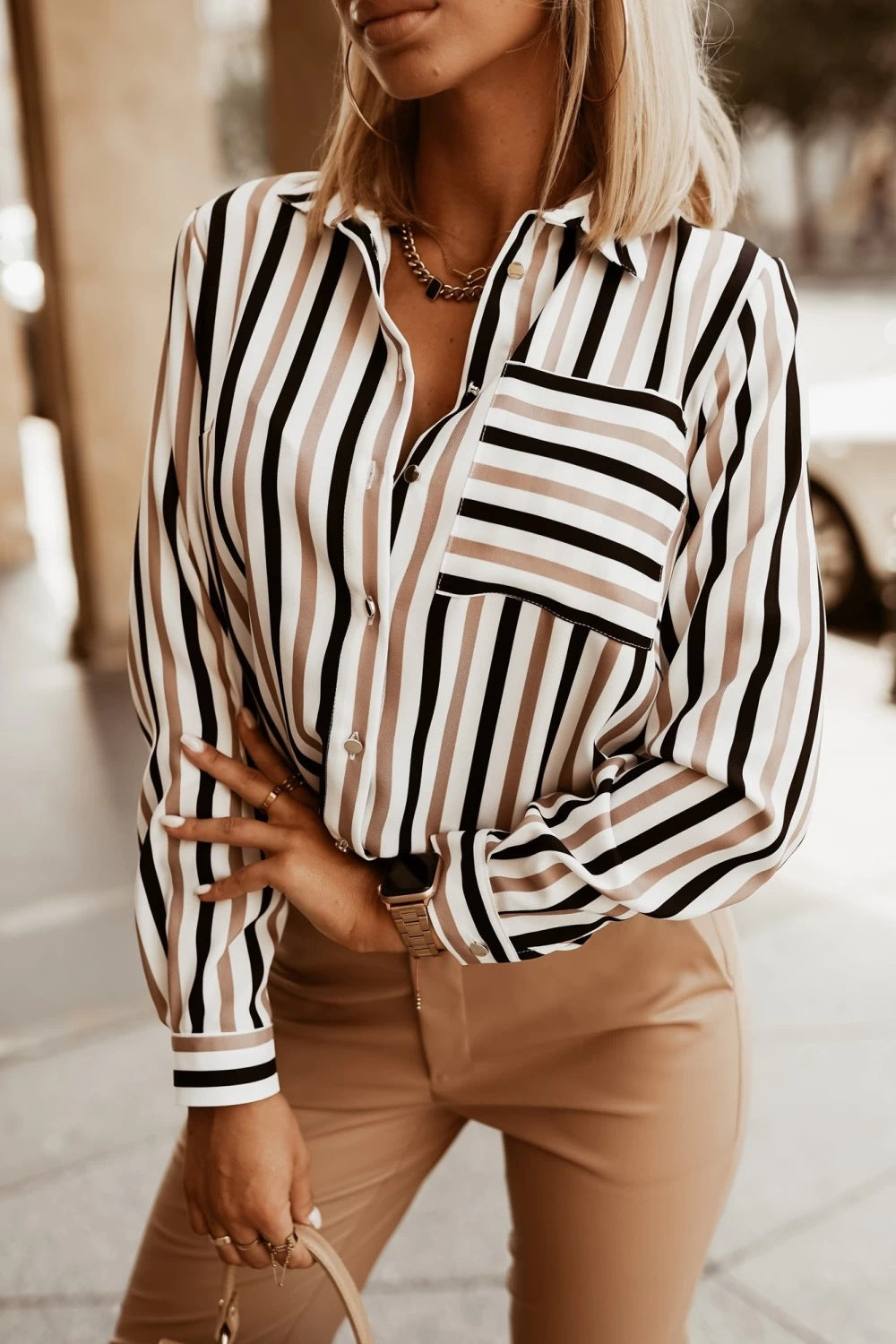 2024 Wish & Amazon Bestseller: Autumn Versatile Simple Striped Print V-Neck Shirt/Shirt for Women