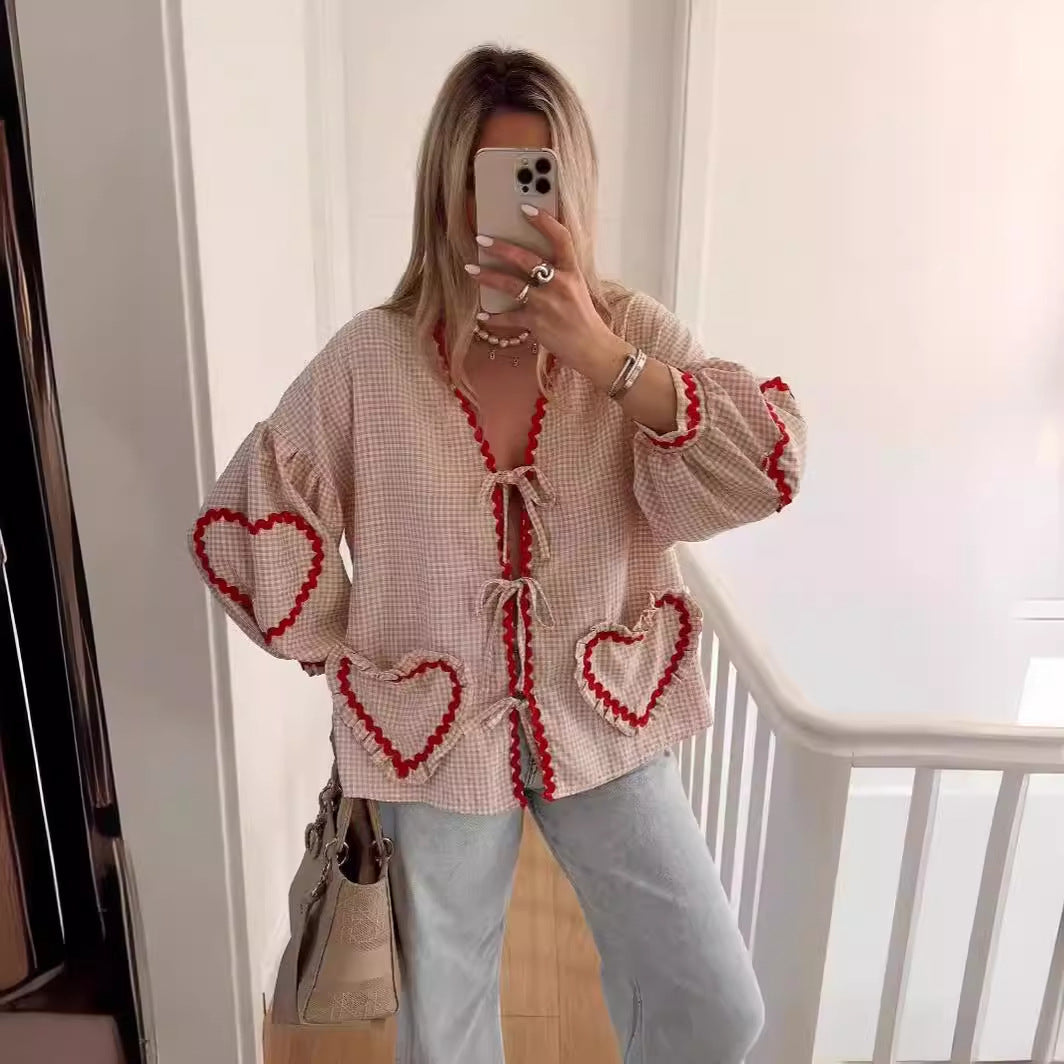 GY25071 Fashion contrast color plaid lantern sleeve top