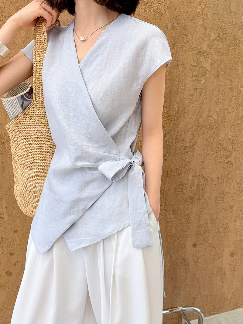Juzhi Summer New Fashionable Casual Ramie Shirt Women's Irregular Vest Versatile Top 8011-1