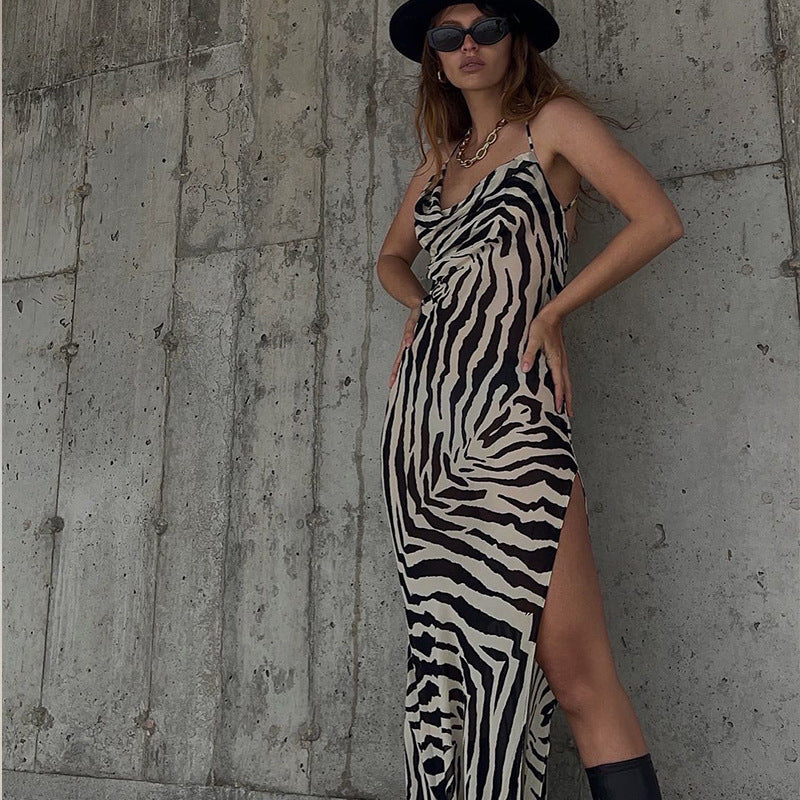 European and American style 2022 new summer fashion print sexy exposed slit suspender dress long skirt women's foreign trade wholesale