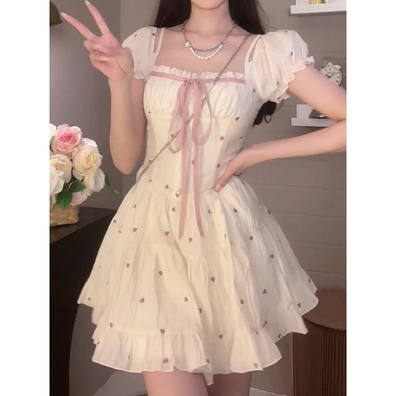Design niche high waist slim dress women's summer new style puff sleeve square collar age-reducing princess puffy skirt