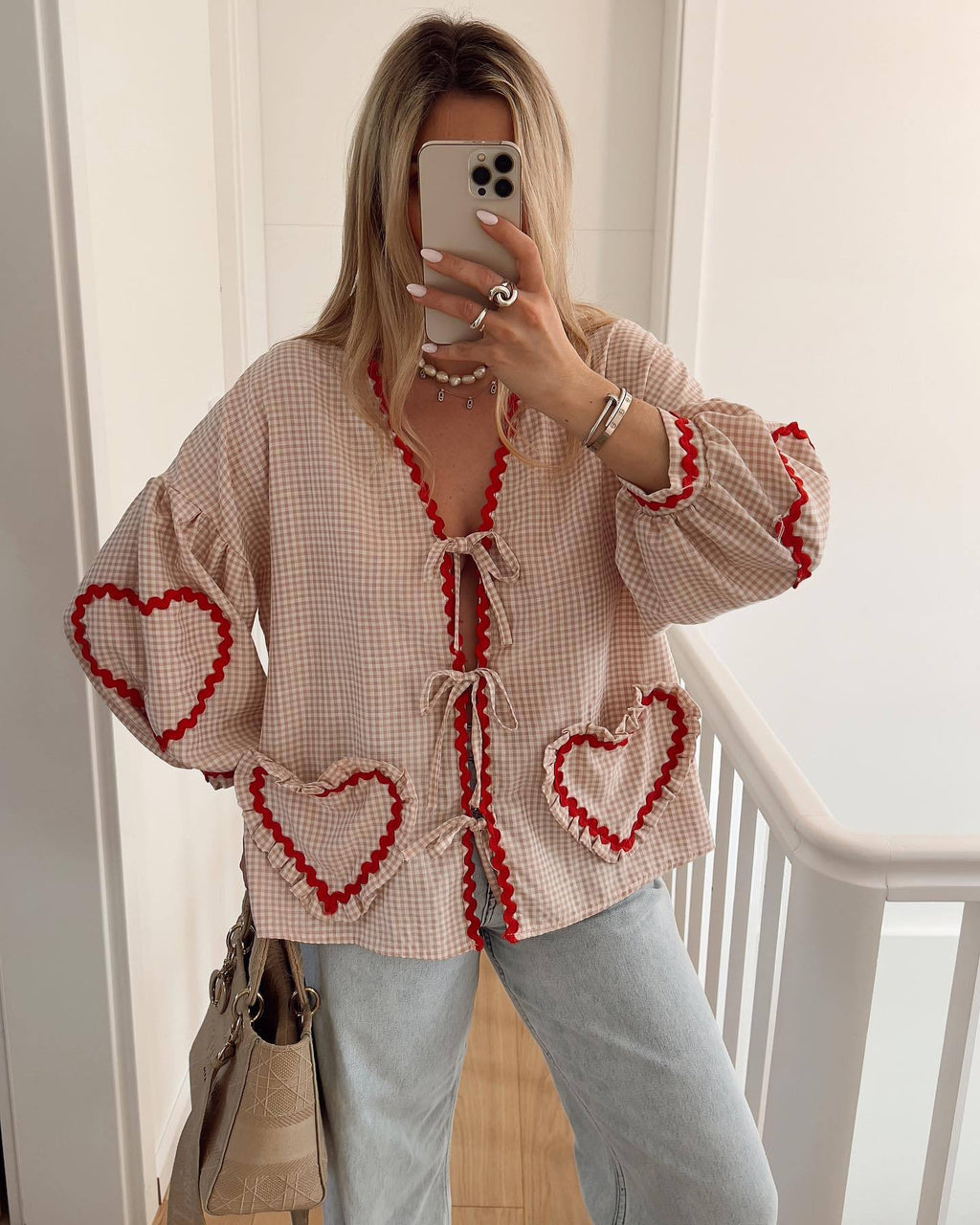 GY25071 Fashion contrast color plaid lantern sleeve top