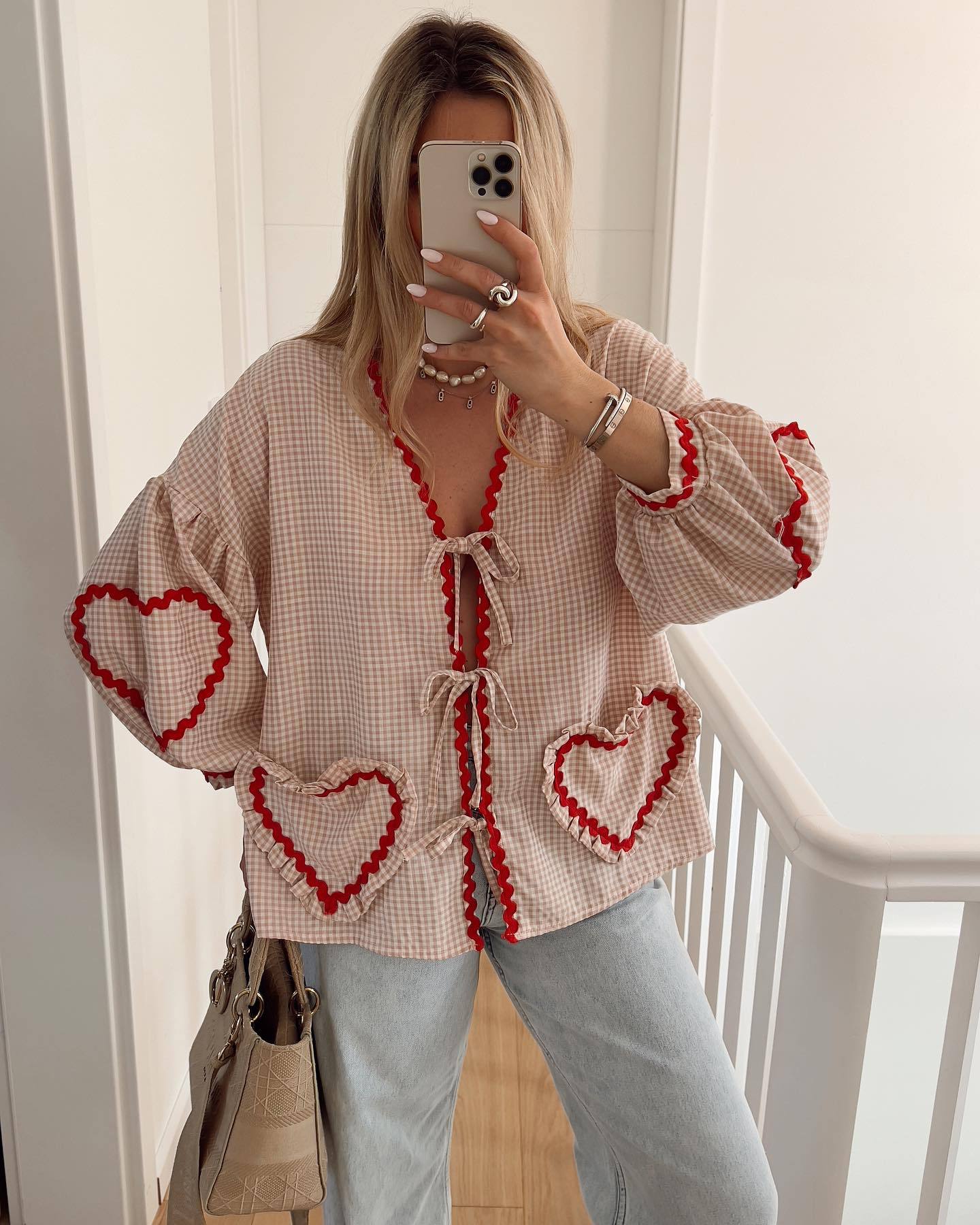 GY25071 Fashion contrast color plaid lantern sleeve top