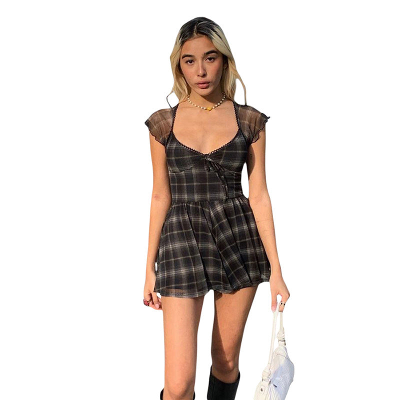 Fashion trend 2021 European and American style foreign trade spring and summer new products women's sexy slim plaid square neck dress women