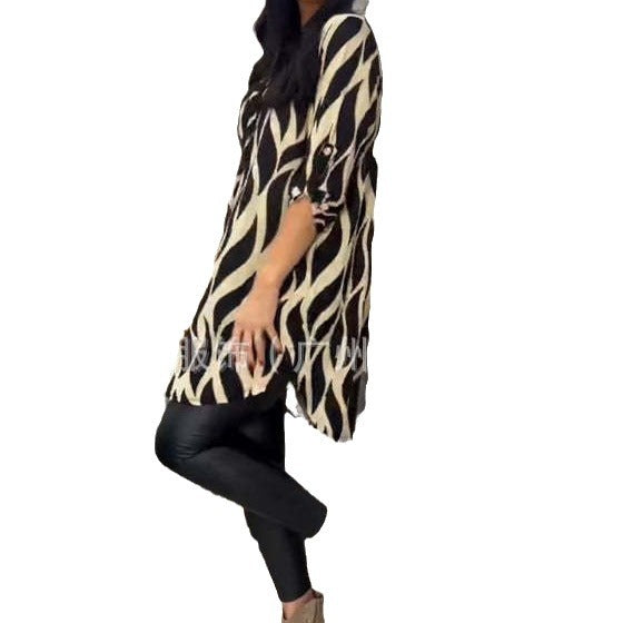 Women's cross-border clothing, spring and autumn new style, Amazon cross-border European and American fashion patterned V-neck plus size mid-sleeve top shirt