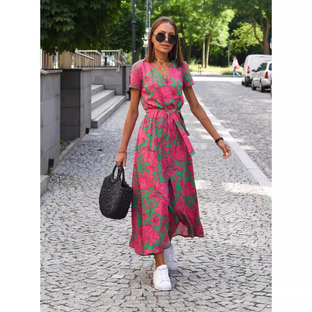 Amazon hot sale new summer European and American printed V-neck short-sleeved lace-up adjustable waist slit long skirt dress