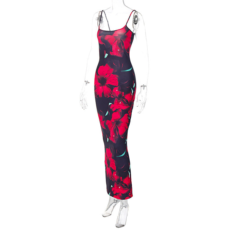 European and American style AliExpress hot selling new fashion printing U-neck suspenders slim sexy style women's dress wholesale