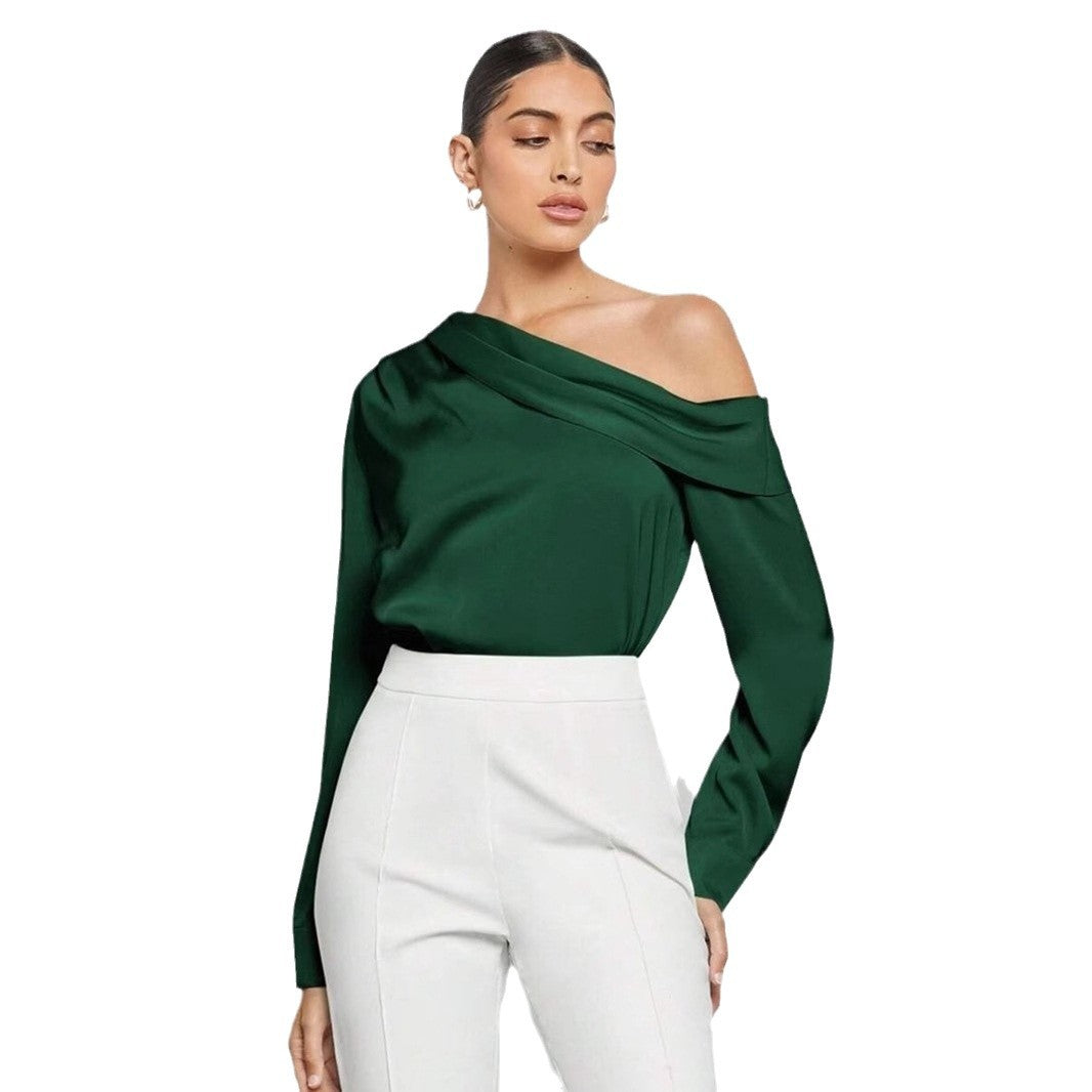Foreign trade cross-border pleated satin shirt top spring and summer European and American Amazon off-shoulder asymmetrical long-sleeved shirt women's clothing