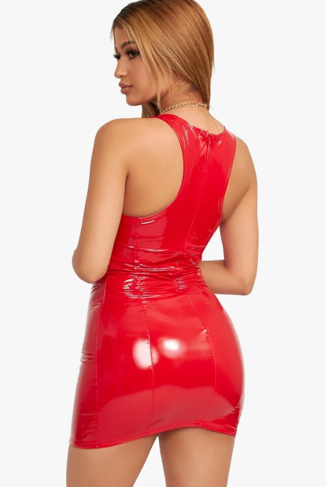 2022 color imitation leather dress zipper PU high elastic round neck one-piece short skirt four-sided elastic leather skirt package hip skirt