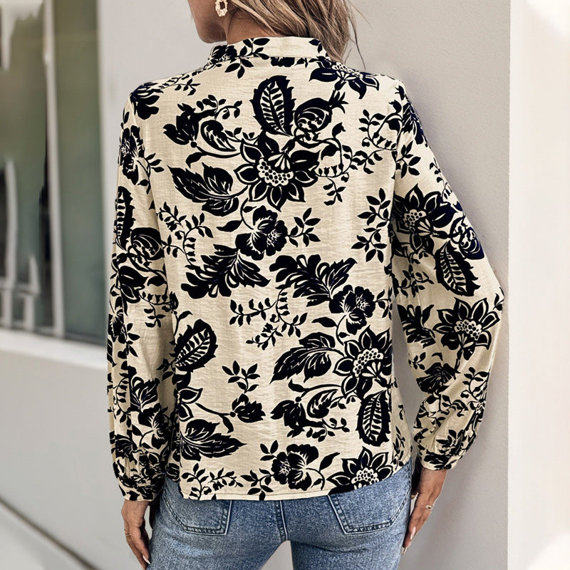 Amazon cross-border e-commerce, new autumn retro print shirt with stand collar, elegant and stylish women's shirt top.