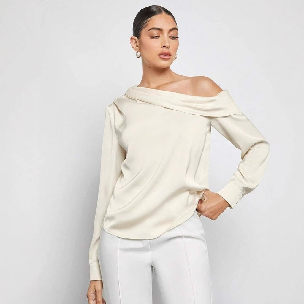 Foreign trade cross-border pleated satin shirt top spring and summer European and American Amazon off-shoulder asymmetrical long-sleeved shirt women's clothing