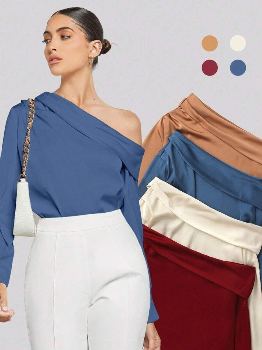 Foreign trade cross-border pleated satin shirt top spring and summer European and American Amazon off-shoulder asymmetrical long-sleeved shirt women's clothing