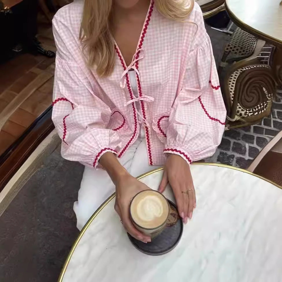 GY25071 Fashion contrast color plaid lantern sleeve top