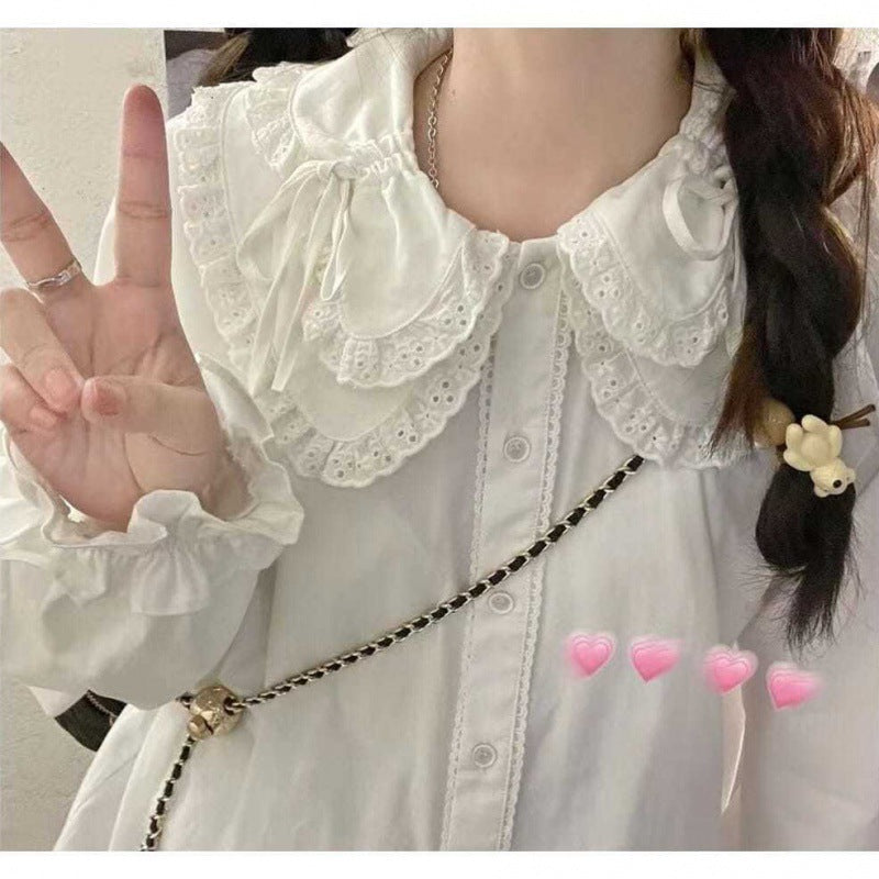 Inner shirt, autumn Japanese style soft girl cute lace doll collar lace-up long-sleeved top as base layer