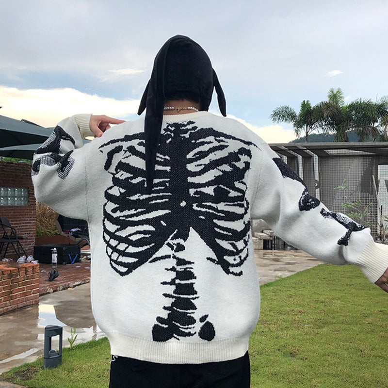 Japanese tide brand autumn skeleton round neck long-sleeved men's and women's fashion autumn and winter loose oversize pullover trend sweater