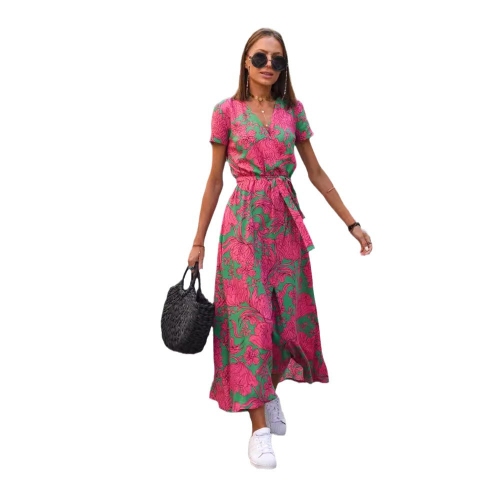 Amazon hot sale new summer European and American printed V-neck short-sleeved lace-up adjustable waist slit long skirt dress