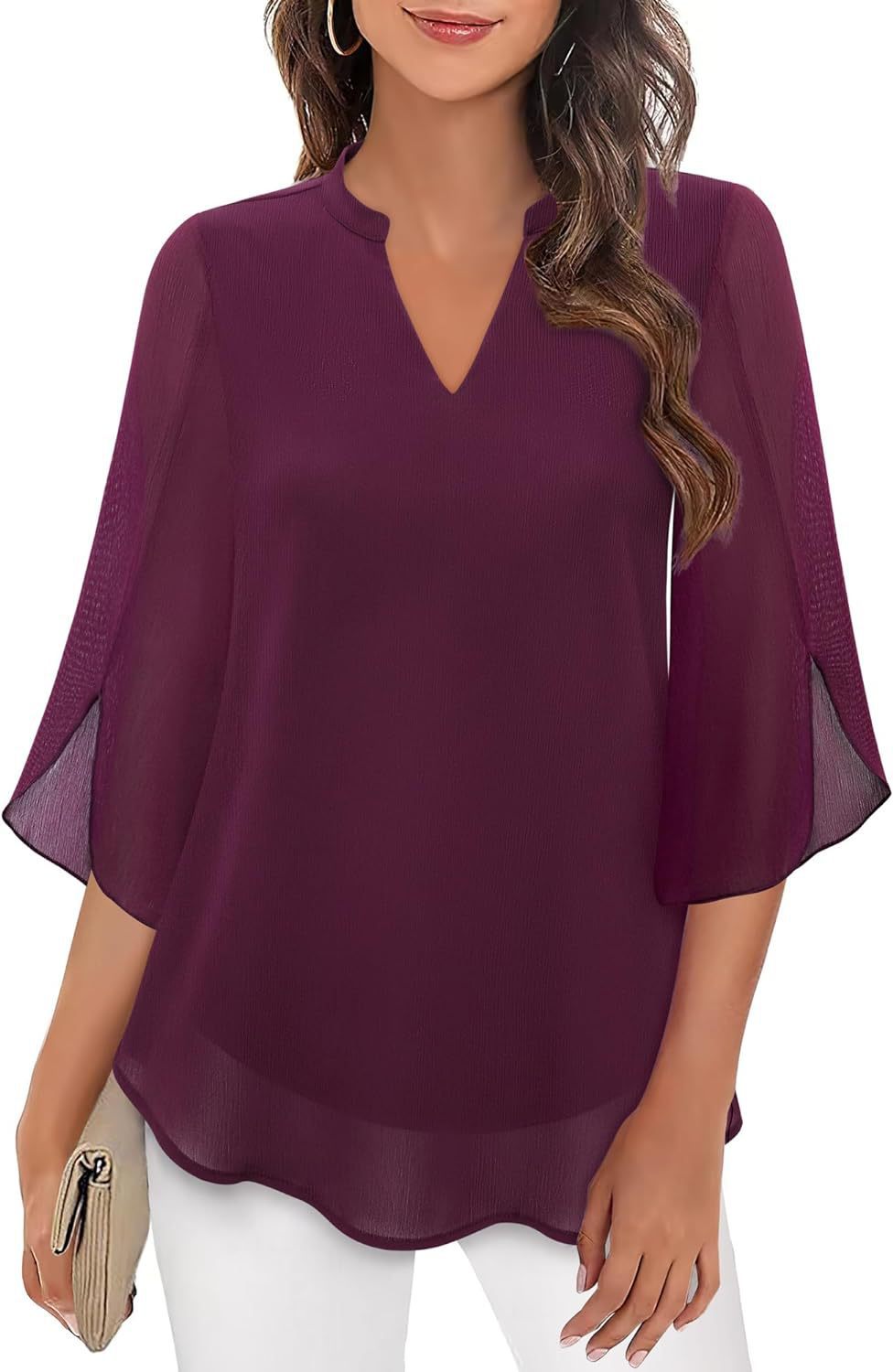 2025 Cross-Border Amazon Casual Summer New European and American Style Women's Petal Sleeve Top Loose V-Neck Chiffon Shirt