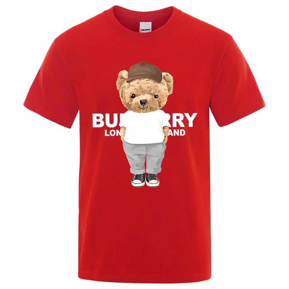 Factory direct stock of trendy new men's T-shirts with bear print, loose fit, crew neck, and sporty design.
