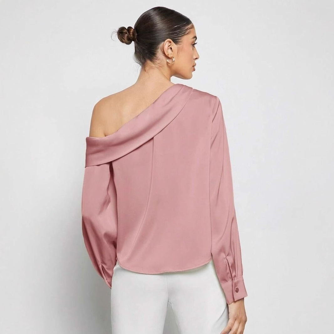 Foreign trade cross-border pleated satin shirt top spring and summer European and American Amazon off-shoulder asymmetrical long-sleeved shirt women's clothing