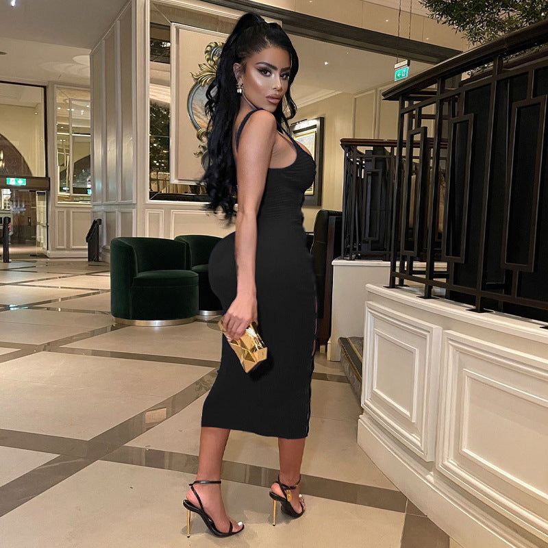 Q22S8068 European and American women's clothing Amazon 22 spring new solid color thread hollow out nightclub sexy dress